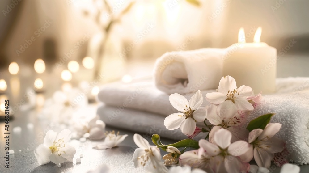 Spa setting with white towels, candles, and fresh white flowers creating a relaxing and tranquil atmosphere. Spa setting with white towels, candles, and fresh white flowers creating a relaxing and tranquil atmosphere.
