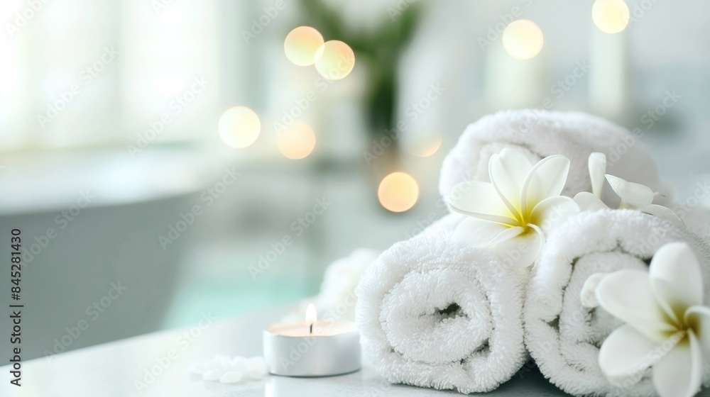 Rolled white towels with white flowers, burning candle and soft bokeh lights in a serene spa setting. Rolled white towels with white flowers, burning candle and soft bokeh lights in a serene spa setting.