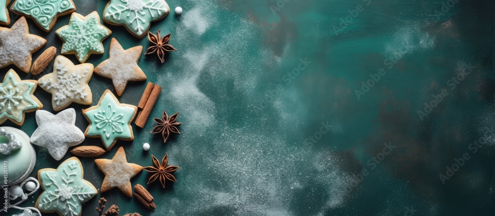 Festive winter themed pastry homemade cookies decorated with icing and star shaped toppings Copy space image on a green background viewed from the top Festive winter themed pastry homemade cookies decorated with icing and star shaped toppings Copy space image on a green background viewed from the top