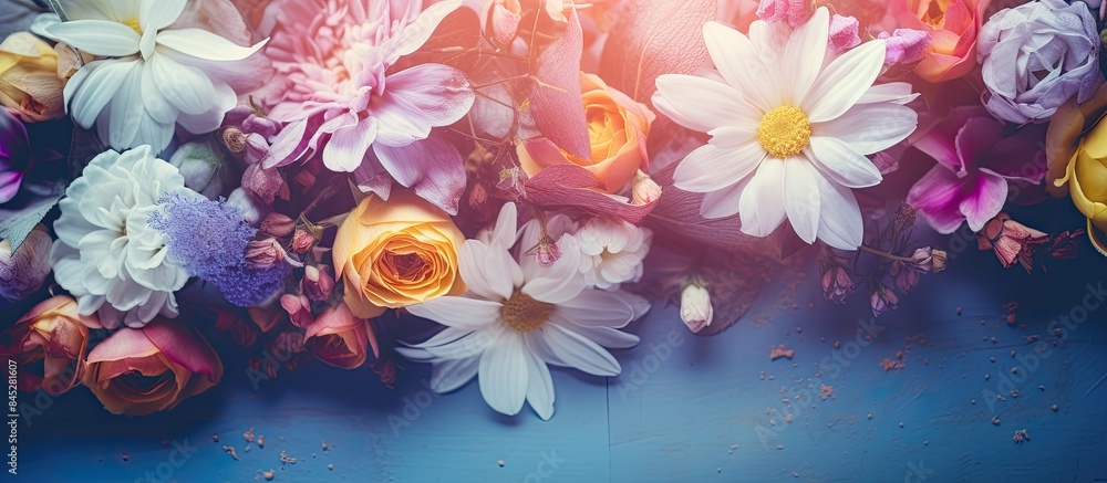 A captivating top view flat lay image of artificial flowers on a bright background with copy space The photo boasts vibrant colors and stunning retro light effects creating a magical and nostalgic at A captivating top view flat lay image of artificial flowers on a bright background with copy space The photo boasts vibrant colors and stunning retro light effects creating a magical and nostalgic at