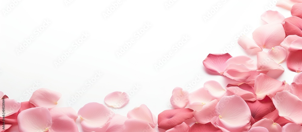 A copy space image featuring pink rose petals showcased against a white backdrop creating a romantic Valentine s Day atmosphere with text placement options A copy space image featuring pink rose petals showcased against a white backdrop creating a romantic Valentine s Day atmosphere with text placement options
