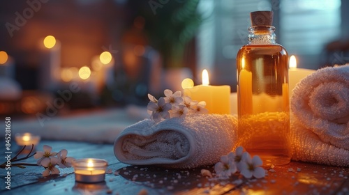 A soothing spa setting with candles, aromatic oils, and fluffy towels, inviting viewers to unwind and de-stress, highlighting the role of self-care in maintaining mental and emotio photo