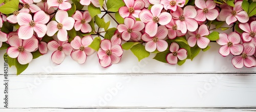 Close up of a dogwood tree with vibrant pink flowers resembling biscuits surrounded by green leaves against a white wooden background Copy space image photo