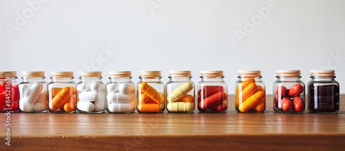 A copy space image of cough and cold medicine bottles with pills arranged on a wooden table contrasting with a white background offering room for text