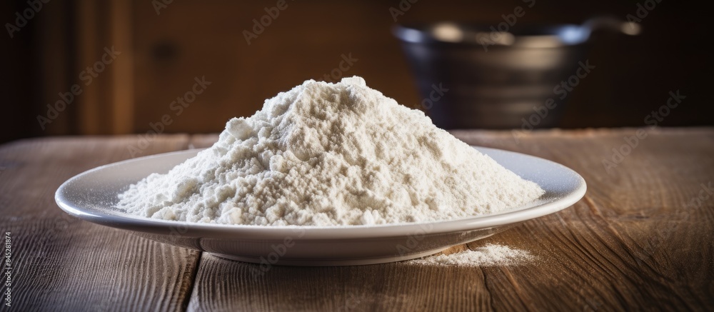 A scoop of protein powder is placed on a plate with a wooden table in the background providing ample space for a copy image Words are being handwritten