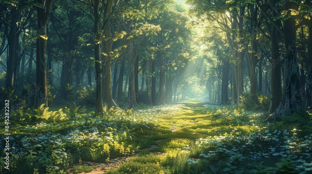 Fototapeta premium A tranquil forest scene with sunlight filtering through the trees, casting dappled shadows on the forest floor and creating a serene and rejuvenating environment for contemplation