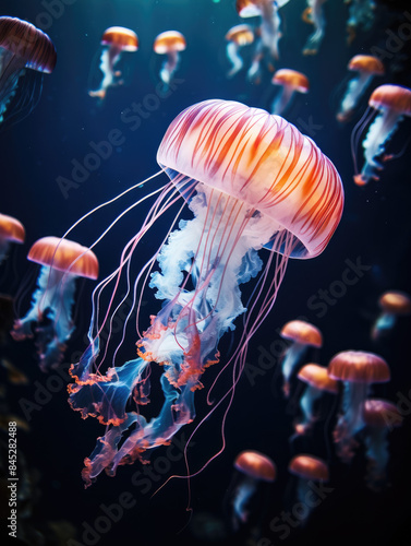 A mesmerizing capture of vibrantly colored jellyfish gracefully floating through the dark blue ocean waters, illuminated softly. © Pee