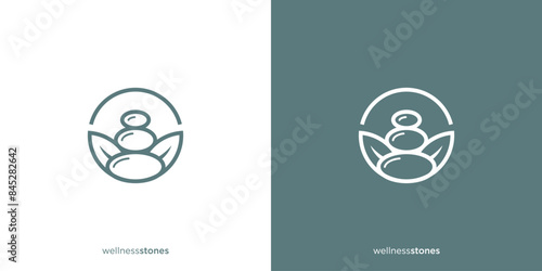 Stacked Stone Rock Balancing and Leaves Logo Design Spa and Wellness. Balance Meditation Logo Design Inspiration Template.
