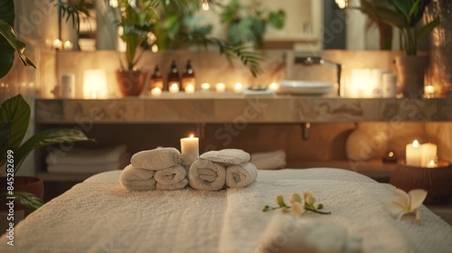 A tranquil scene of a spa with soft, ambient lighting, featuring a luxurious massage table with fresh towels and aromatic candles, inviting viewers to experience a moment of rejuve photo