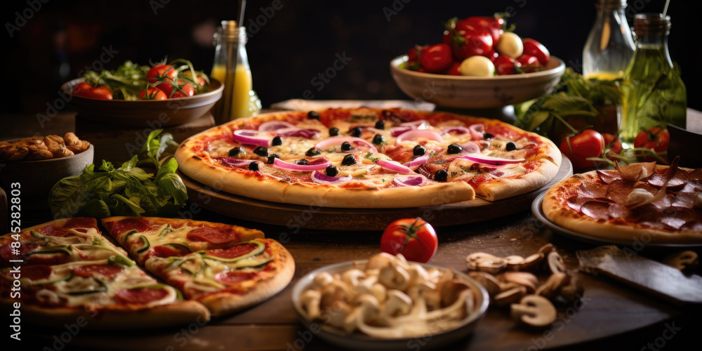 Assorted pizzas with fresh vegetables, tomatoes, and mushrooms on a wooden table, capturing the essence of Italian cuisine. Assorted pizzas with fresh vegetables, tomatoes, and mushrooms on a wooden table, capturing the essence of Italian cuisine.
