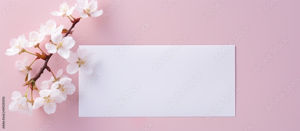 A greeting card with delicate white cherry blossoms is placed on a pastel background inside an envelope box The image offers ample copy space
