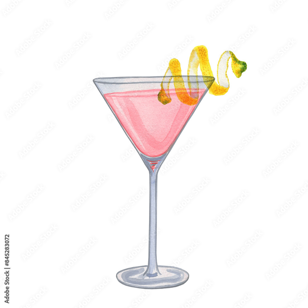 Pink cocktail watercolor illustration. Hand drawn image of cosmopolitan alcoholic drink in a martini glass on an isolated background. For the bar and menu. Pink cocktail watercolor illustration. Hand drawn image of cosmopolitan alcoholic drink in a martini glass on an isolated background. For the bar and menu.