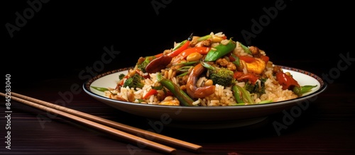 A copy space image of a delicious Chinese stir fry dish made with rice vegetables meat and a flavorful nutty spicy sauce served on a bamboo mat