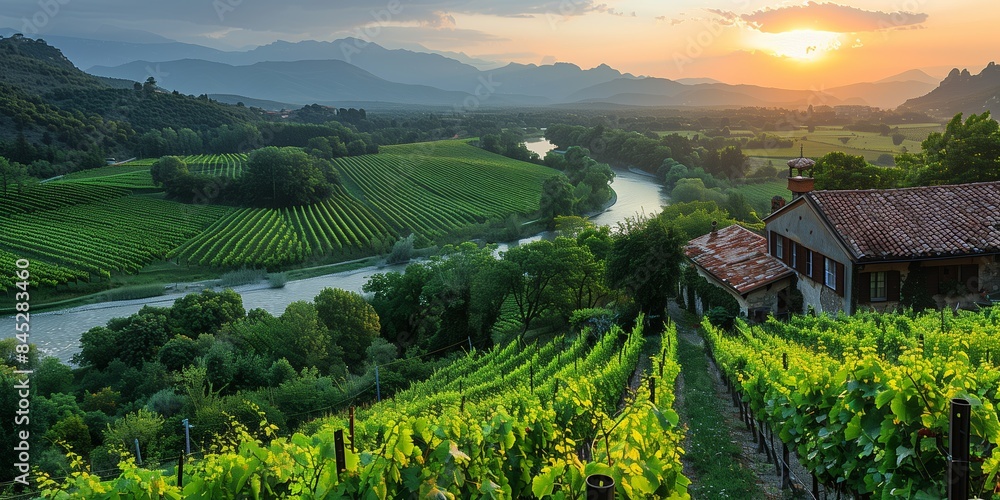 Obraz premium Serene Valley: Vineyards, Orchards, River Panorama