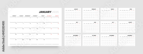 Monthly calendar template for 2025 year. Diary planner in a minimalist style. Week Starts on Monday. 