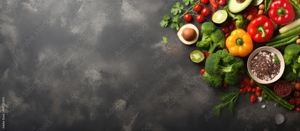 The concept of healthy vegan food is depicted with fresh organic vegetables walnuts and a salad mix placed on a cooking background made of stone The image contains copy space and is captured from a t The concept of healthy vegan food is depicted with fresh organic vegetables walnuts and a salad mix placed on a cooking background made of stone The image contains copy space and is captured from a t