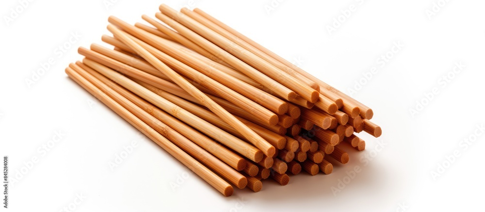 A stack of wooden chopstick pairs is arranged from a high angle perspective on a white background representing the main tableware in East and Southeast Asia This image reflects traditional culture an
