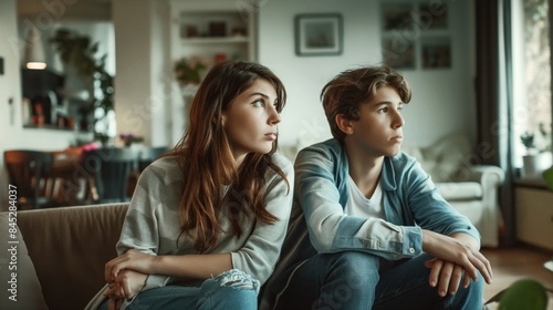 Two young people sitting on a couch, looking out of the window in a living room setting with soft lighting and a cozy atmosphere.