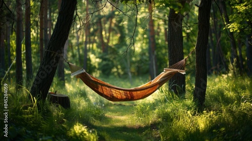 An inviting hammock strung between two trees in a tranquil forest, gently swaying in the breeze, offering a relaxing and rejuvenating place to unwind.