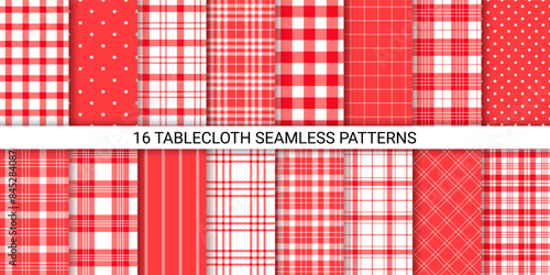 Table cloth background. Vichy seamless pattern. Set red tablecloth. Checkered textures. Picnic kitchen prints. Gingham plaid textile. Geometric design. Retro tartan backdrops. Vector illustration