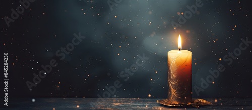 Close up of an antique candle burning in a dark room on Christmas Eve creating a mystical atmosphere for divination yuletide rituals and a sense of peace and spirituality The image provides a tranqui photo