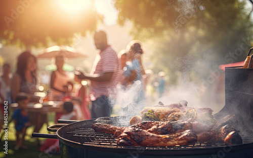 People enjoying a summer barbecue at a park with delicious food on the grill and a warm, sunny atmosphere.