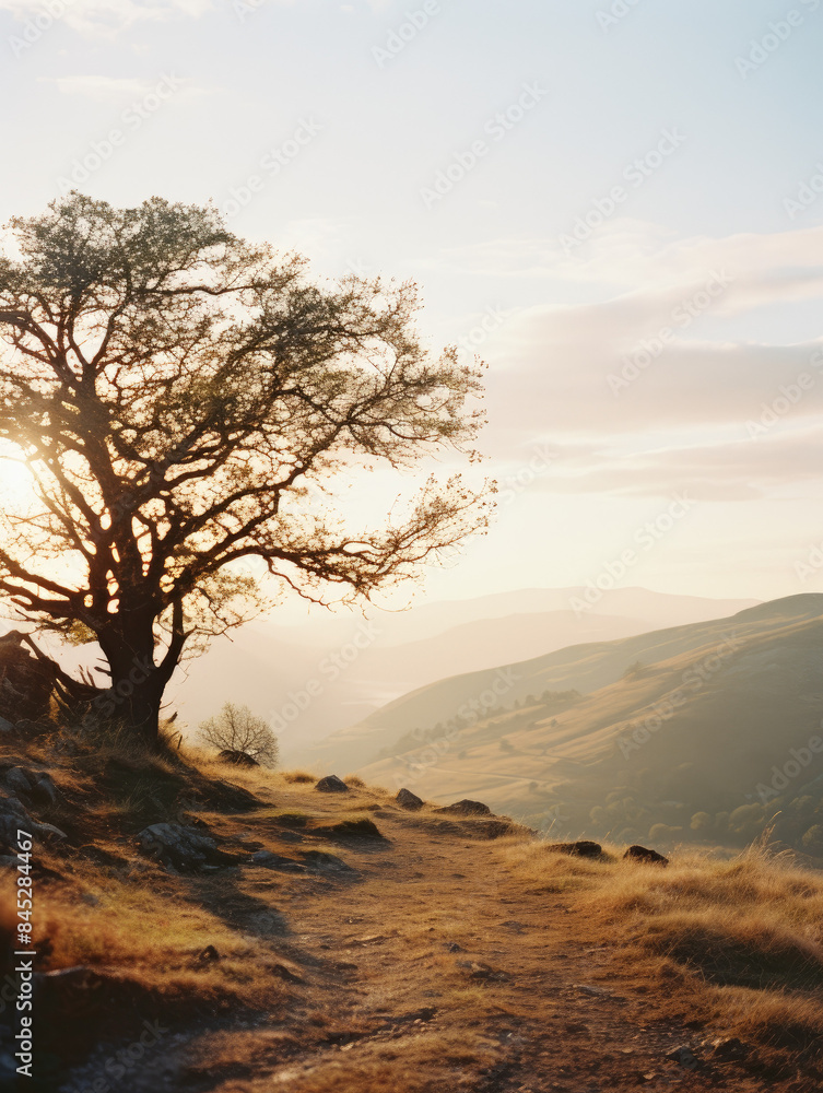 Serene landscape with a solitary tree on a hilltop at sunset, overlooking a valley filled with soft sunlight and rolling hills. Serene landscape with a solitary tree on a hilltop at sunset, overlooking a valley filled with soft sunlight and rolling hills.