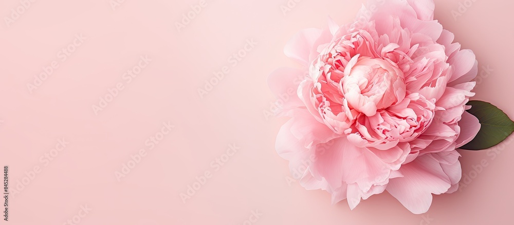 A vibrant pink peony flower with flat lay composition isolated on a pale pink background The top view of the image provides copy space for text