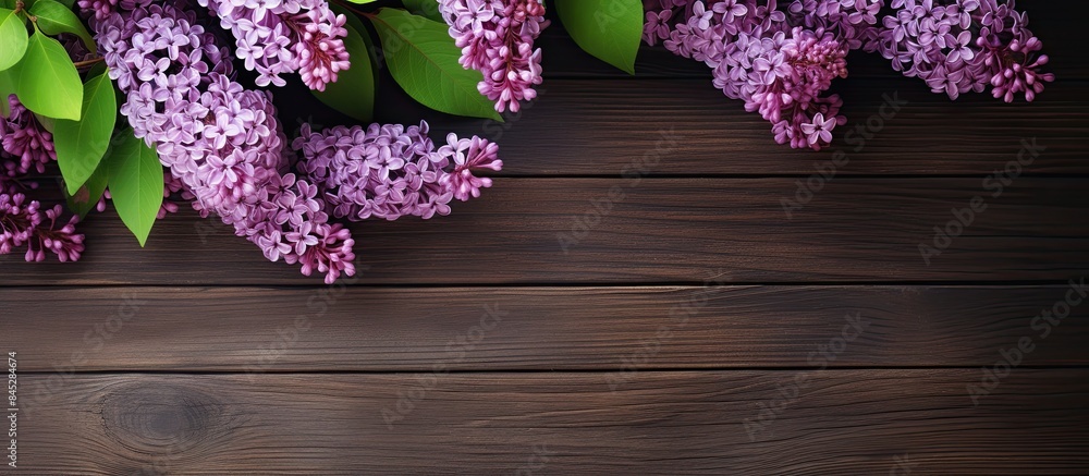 Copy space image of a purple lilac branch on a wooden background creating a blank greeting card with a natural background and ample empty space Copy space image of a purple lilac branch on a wooden background creating a blank greeting card with a natural background and ample empty space