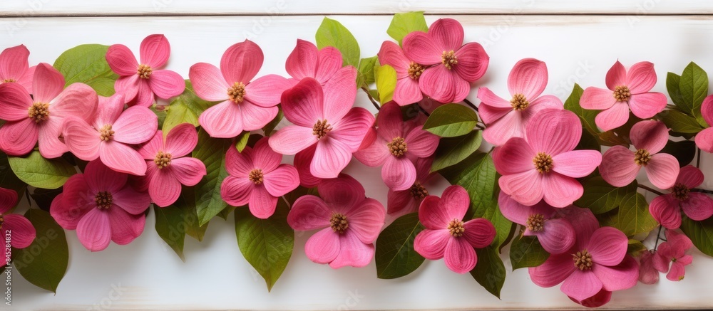Fototapeta premium Close up of a dogwood tree with vibrant pink flowers resembling biscuits surrounded by green leaves against a white wooden background Copy space image