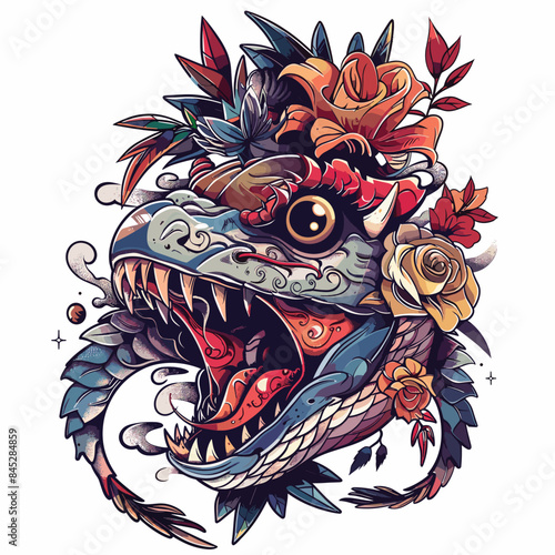 A colorful drawing of a dinosaur with a flowery head. The dinosaur has a mouth open and is surrounded by flowers