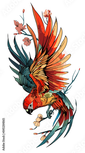 A colorful parrot is flying through the air with a branch in its beak. The bird is surrounded by flowers, which add a sense of beauty and serenity to the scene. The image conveys a feeling of freedom