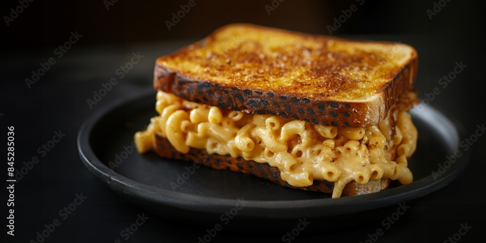 Grilled cheese with macaroni and bacon served on a dark, modern plate Grilled cheese with macaroni and bacon served on a dark, modern plate