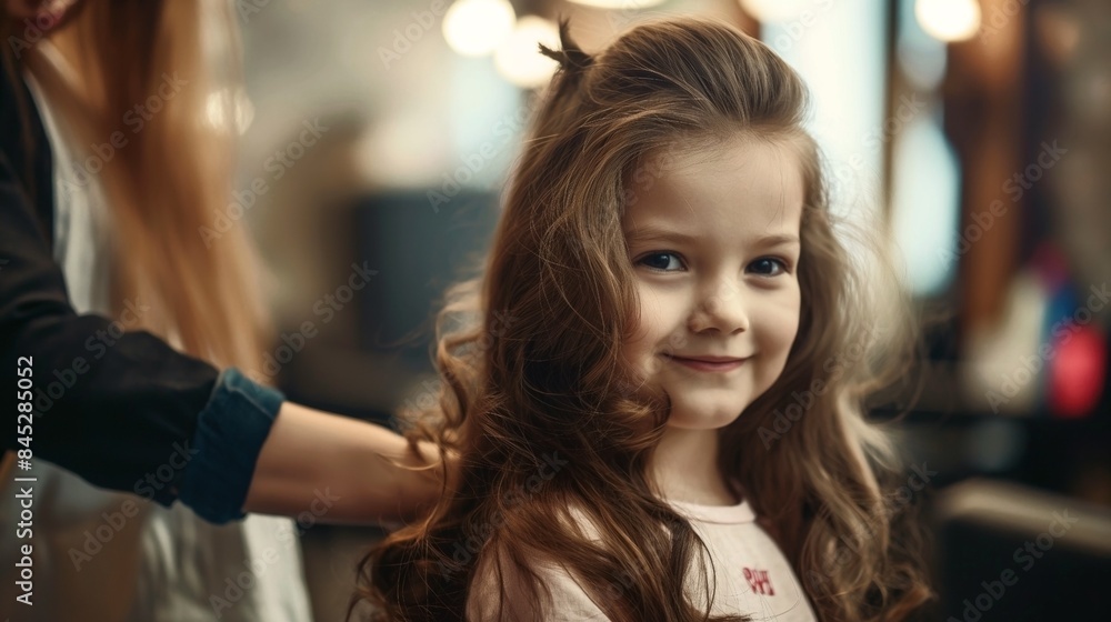 Smiling young girl with long wavy hair getting a haircut at a salon, gently styled by a hairdresser. Smiling young girl with long wavy hair getting a haircut at a salon, gently styled by a hairdresser.