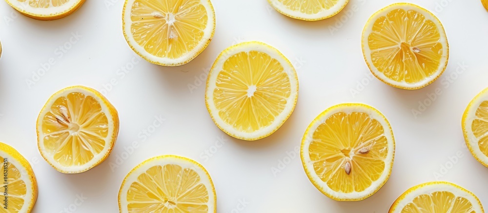 Fototapeta premium Sliced lemon arranged on a white background from above.