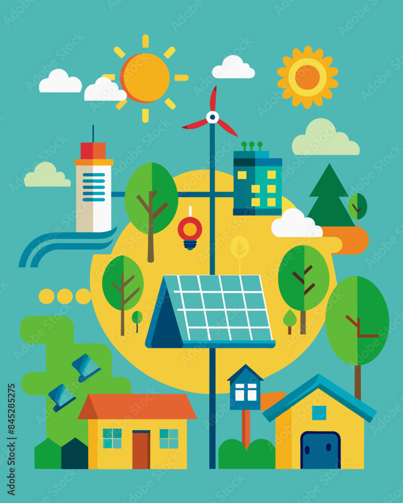 The Solar Energy Cooperative providing affordable and clean energy for the entire community reducing the reliance on fossil fuels.. Vector illustration The Solar Energy Cooperative providing affordable and clean energy for the entire community reducing the reliance on fossil fuels.. Vector illustration