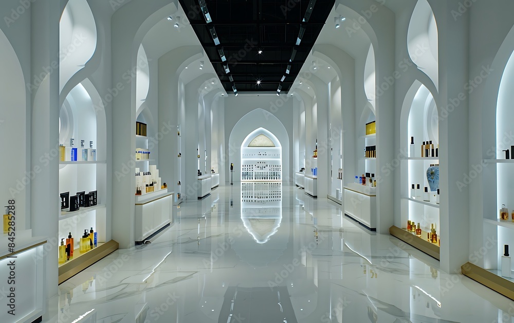 Obraz premium A white interior space of a luxury store for perfumes with arches white and gold background