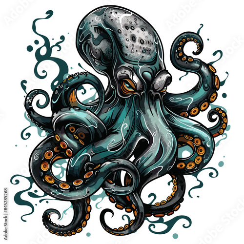 A large octopus with a menacing look on its face. The octopus is surrounded by a dark blue and orange swirl pattern