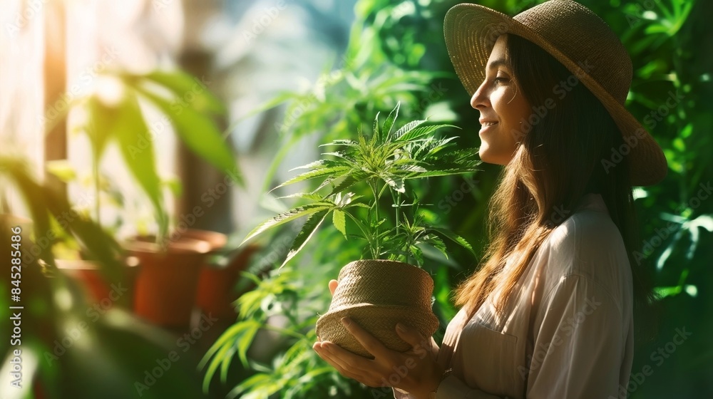 Obraz premium Woman in sunhat tenderly holding a cannabis plant in a sunlit garden