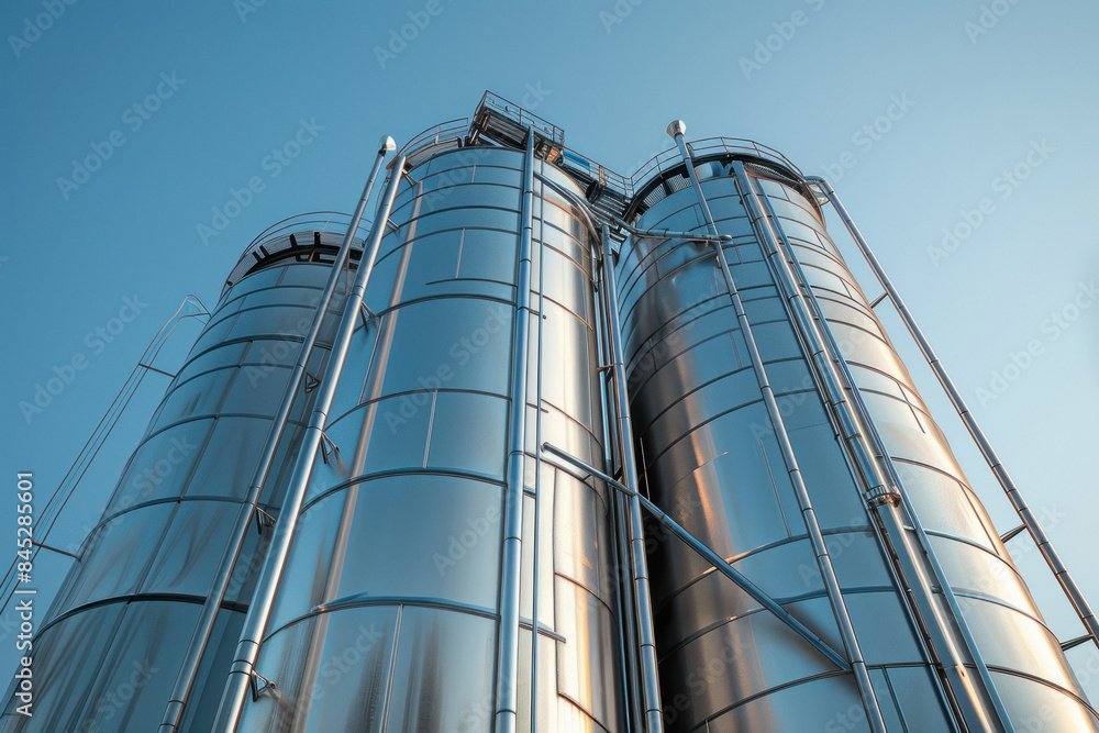 Industrial stainless steel silos against a clear sky background Industrial stainless steel silos against a clear sky background