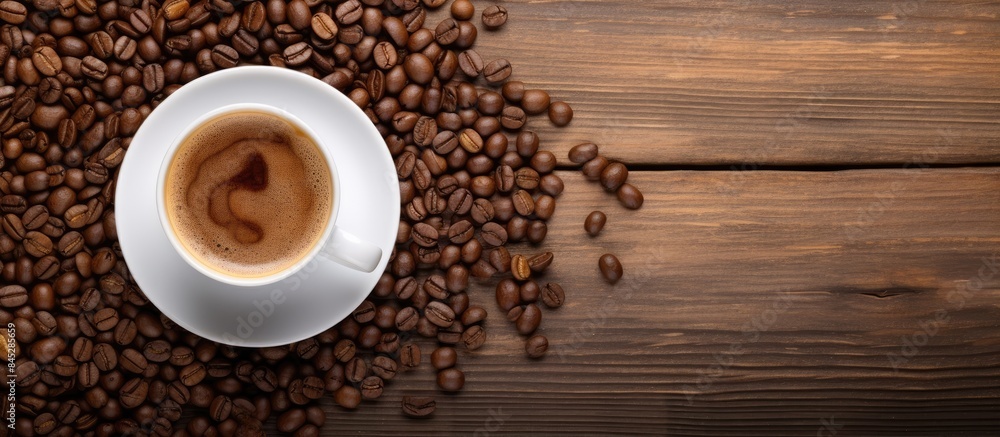 A white coffee cup and saucer sitting on a wooden background surrounded by a heap of coffee beans The arrangement offers a flat lay presentation with ample copy space available for adding text A white coffee cup and saucer sitting on a wooden background surrounded by a heap of coffee beans The arrangement offers a flat lay presentation with ample copy space available for adding text