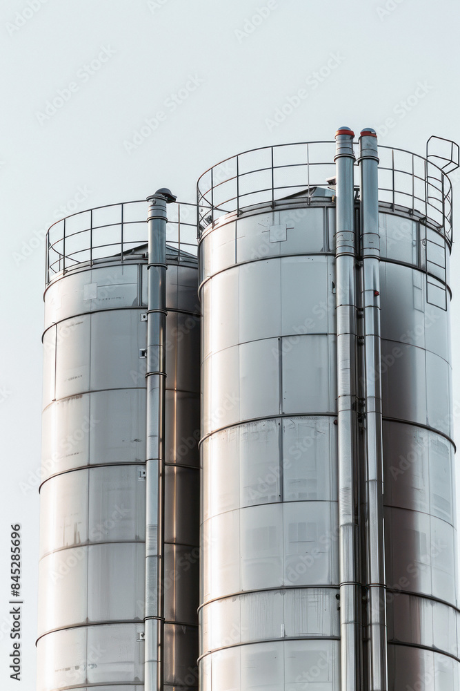 Industrial stainless steel silos against a clear sky background Industrial stainless steel silos against a clear sky background