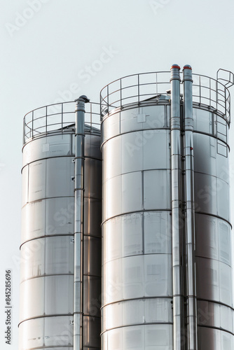 Industrial stainless steel silos against a clear sky background