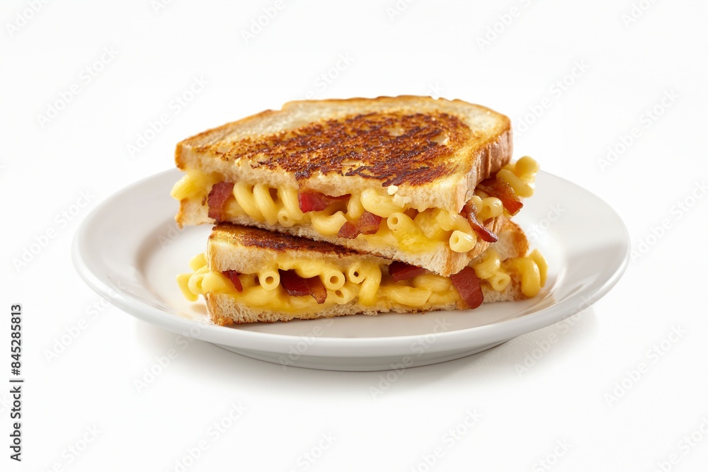 Grilled cheese sandwich stuffed with creamy macaroni and cheese on a white plate Grilled cheese sandwich stuffed with creamy macaroni and cheese on a white plate