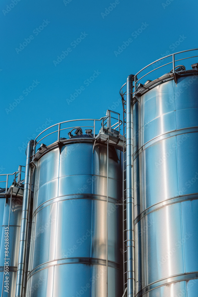 Industrial stainless steel silos against a clear sky background Industrial stainless steel silos against a clear sky background
