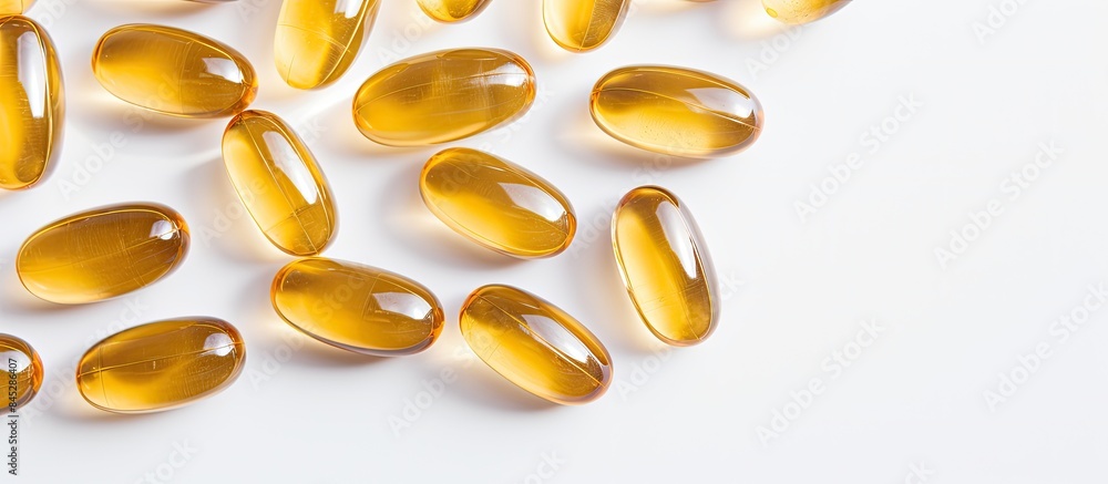 Top view close up of transparent capsules containing yellow powder and light brown pills on a white background with ample copy space for text or images
