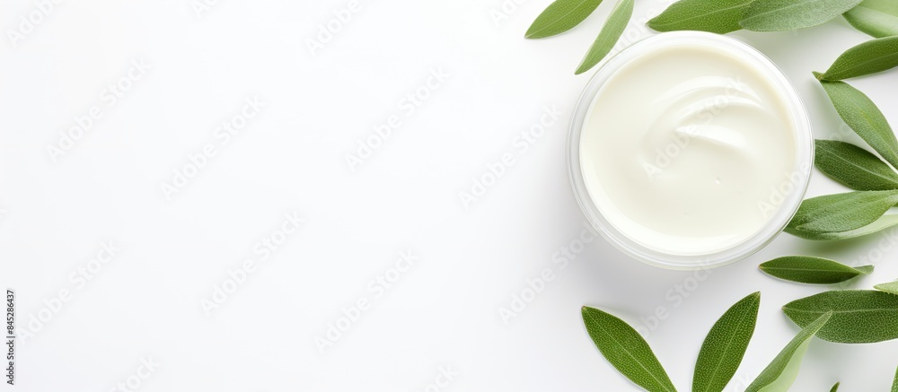 A top down view of a green leaf cream lotion and essential oil on a panoramic white background This image evokes the concept of natural cosmetics products perfect for spa skin care and body treatment A top down view of a green leaf cream lotion and essential oil on a panoramic white background This image evokes the concept of natural cosmetics products perfect for spa skin care and body treatment