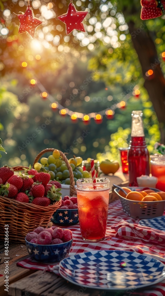 Festive picnic table with patriotic foods, drinks, and decorations, cheerful setting copy space, national pride, vibrant, Multilayer, picnic area backdrop Festive picnic table with patriotic foods, drinks, and decorations, cheerful setting copy space, national pride, vibrant, Multilayer, picnic area backdrop