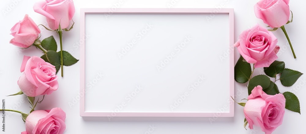 Top view of a white background featuring an empty photo frame adorned with a beautiful pink rose Floral composition with copy space presented in a flat lay style Top view of a white background featuring an empty photo frame adorned with a beautiful pink rose Floral composition with copy space presented in a flat lay style