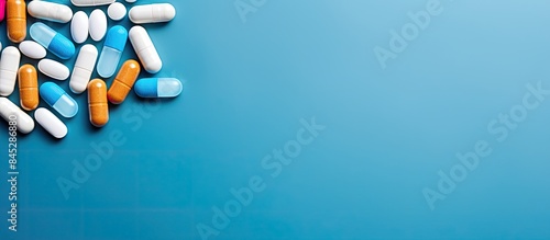 A variety of pills and capsules are arranged on a blue background creating a composition suitable for a copy space image This image symbolizes medical services medicine healthcare and health awarenes photo